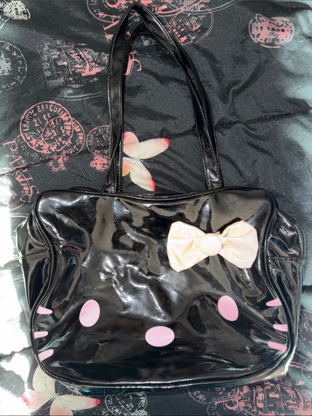 Hello Kitty Black Patent Shoulder Bag with Pink Accents